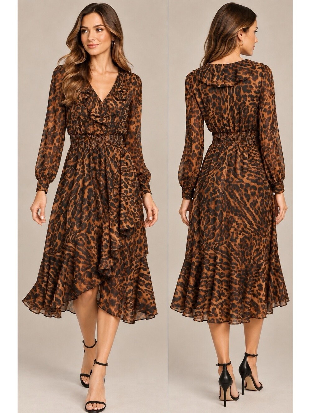 Lauren Ralph Lauren Leopard Print Ruffle Midi Dress Women Size 6 Brown Tan NWT